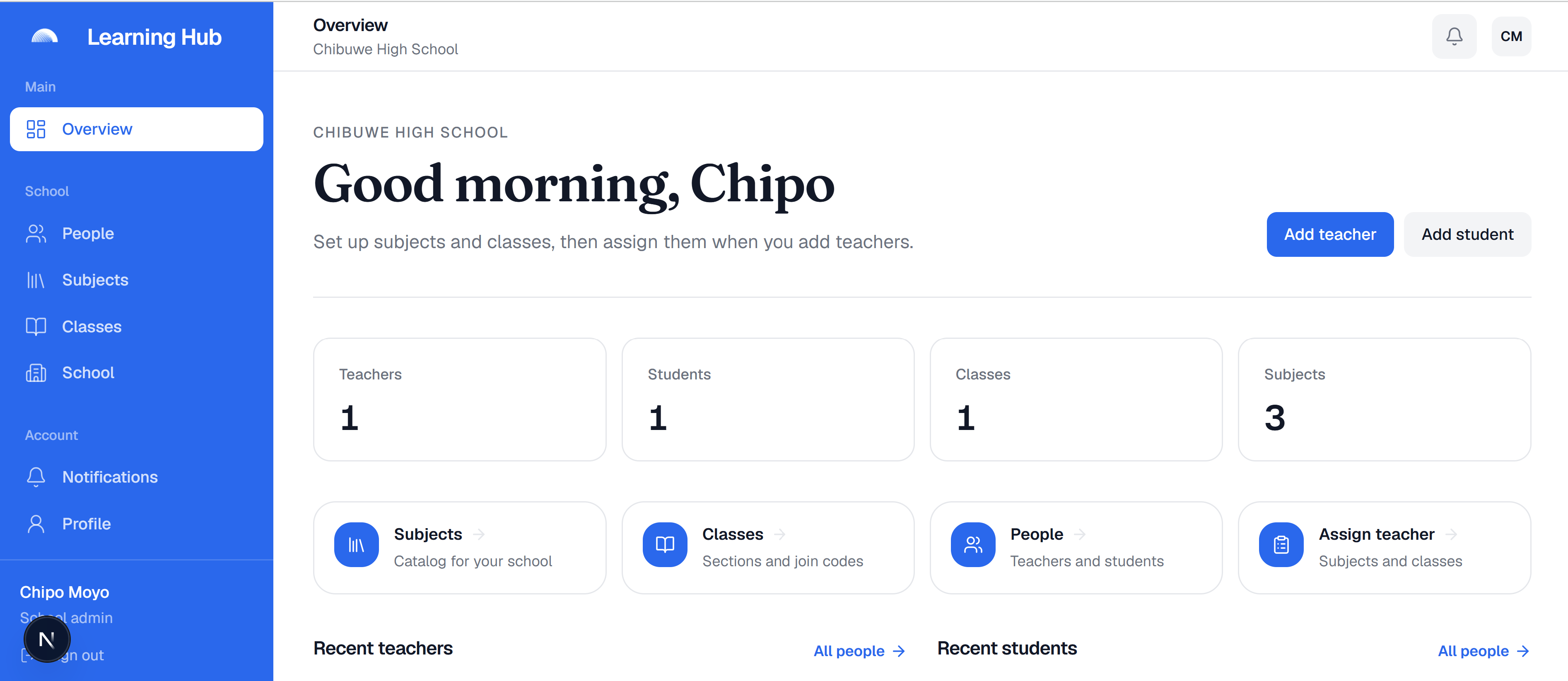 Learning Hub school admin dashboard